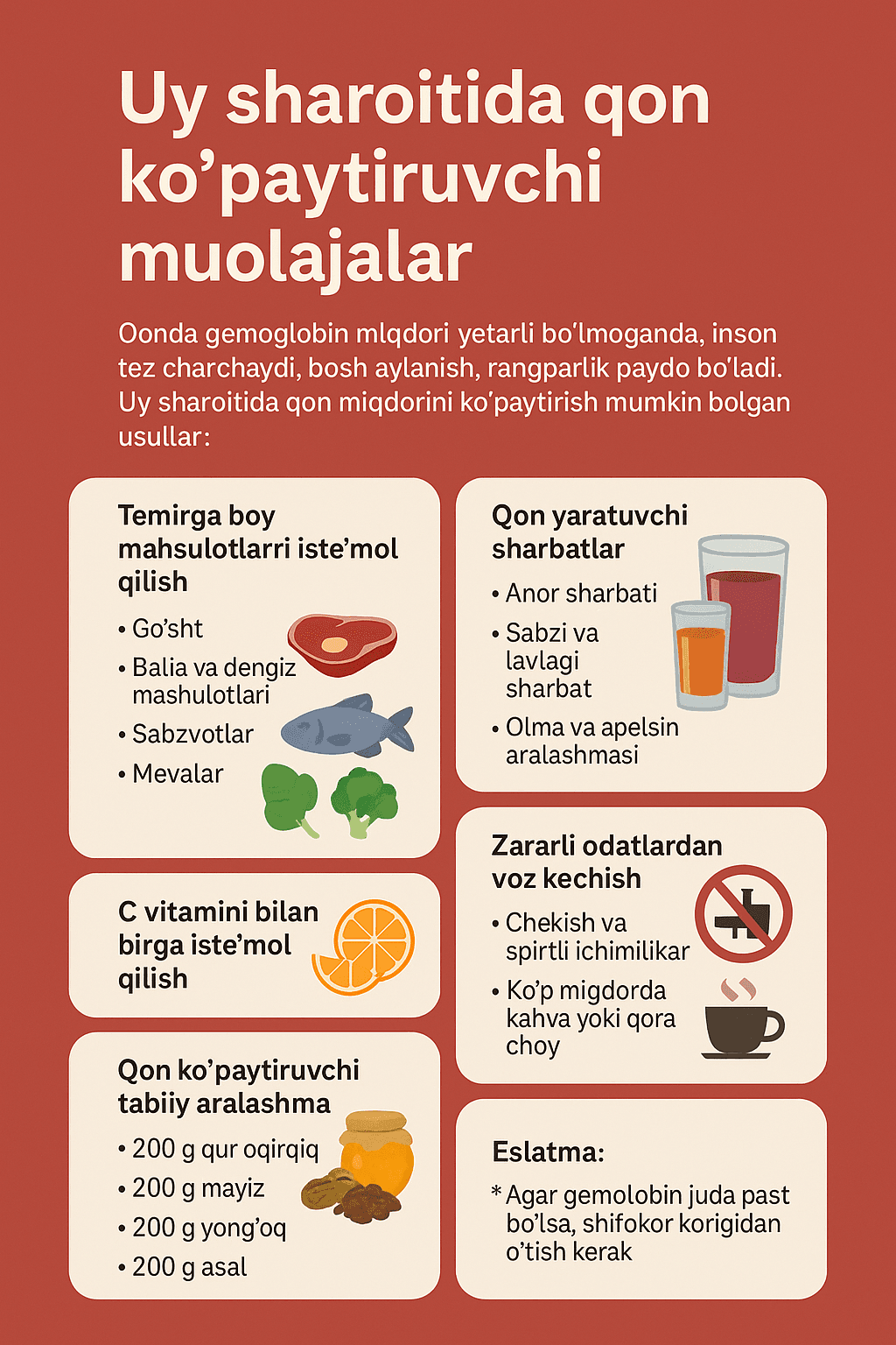 Uy sharoitida qon ko‘paytiruvchi muolajalar